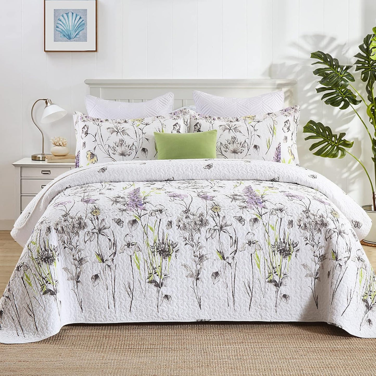 Queen Quilt Floral Bedspread, 100% Cotton Queen Size Quilt, White Purple Floral Quilt Sets Queen, Lightweight Soft Quilt Bedding Set for All Season, 3-Pieces