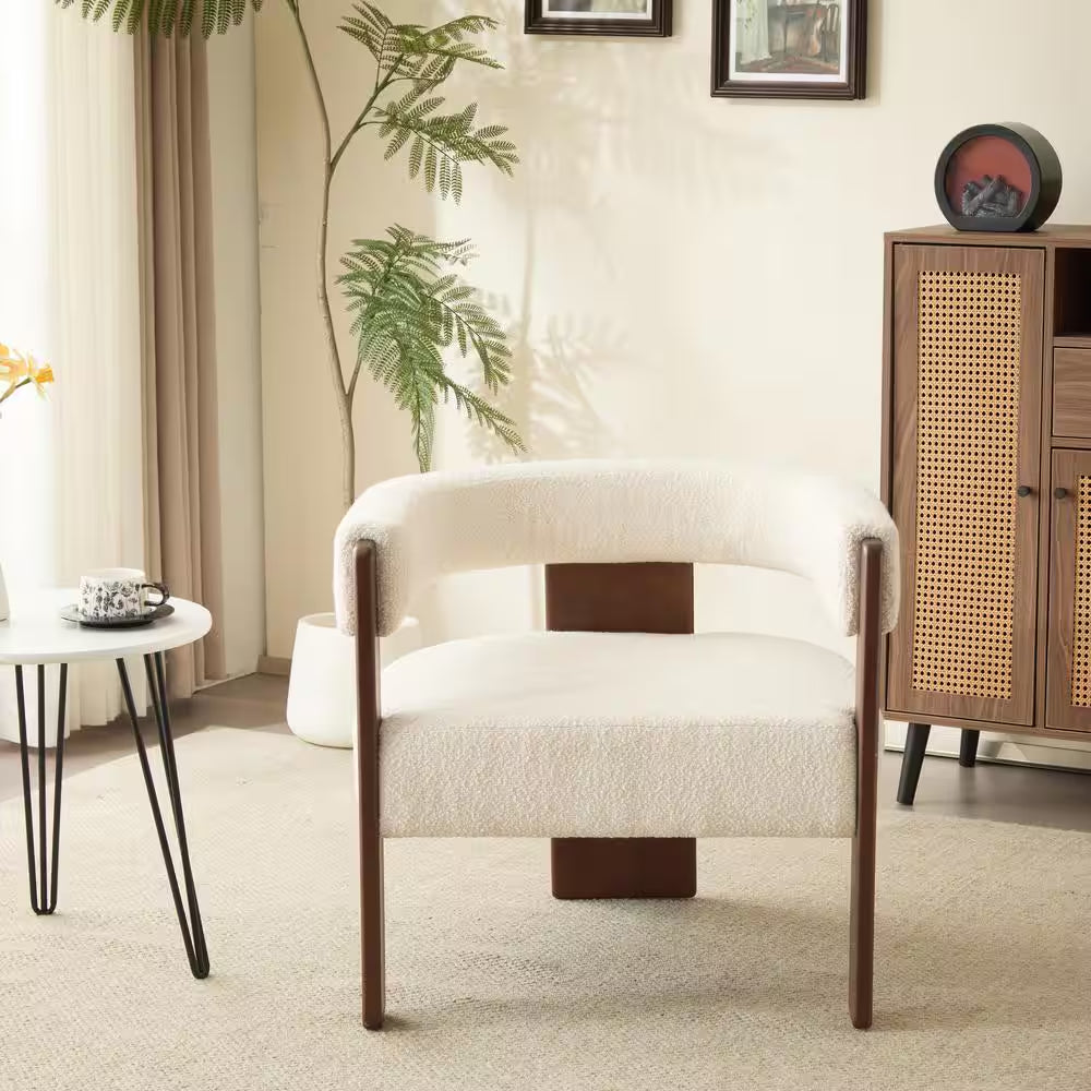 Eryndor Modern Boucle Upholstered Accent Arm Chair, Rubberwood, Beige plus Walnut