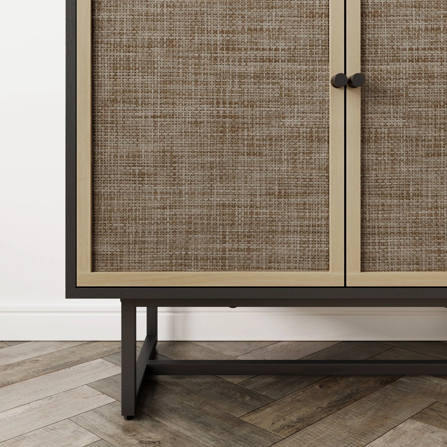 Kova Cane Rattan Doors Accent Cabinet with Black Metal Base and Adjustable Shelf