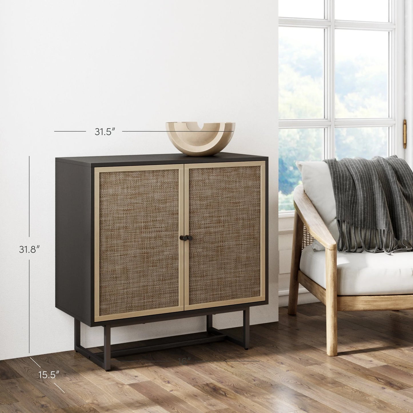 Kova Cane Rattan Doors Accent Cabinet with Black Metal Base and Adjustable Shelf