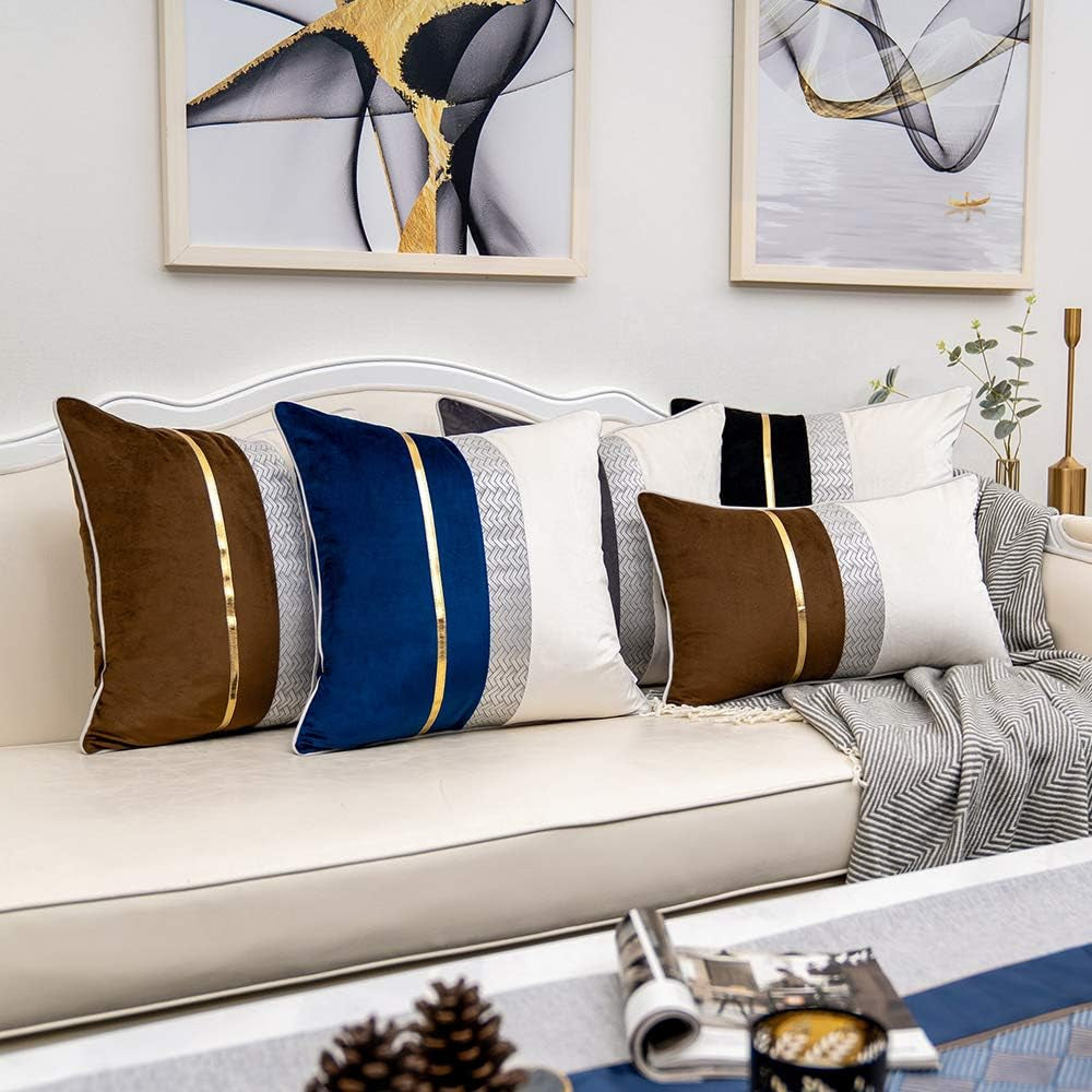 Coffee Brown Patchwork Velvet Lumbar Pillow Cover with Gold Striped Leather Cushion Case Modern Luxury Pillowcase for Sofa Couch Bedroom Living Room Home Decor,12"X20"