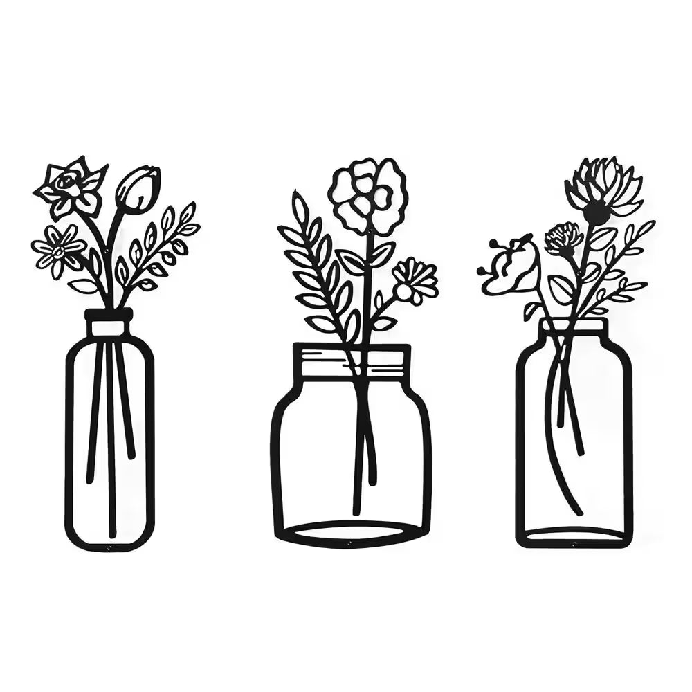 3 Pack 7.2 In. X17 In. Black Metal Work for Living Room Cafe Bookstore, Line Wall Art Decor, Wire Vase Wall Sculptures