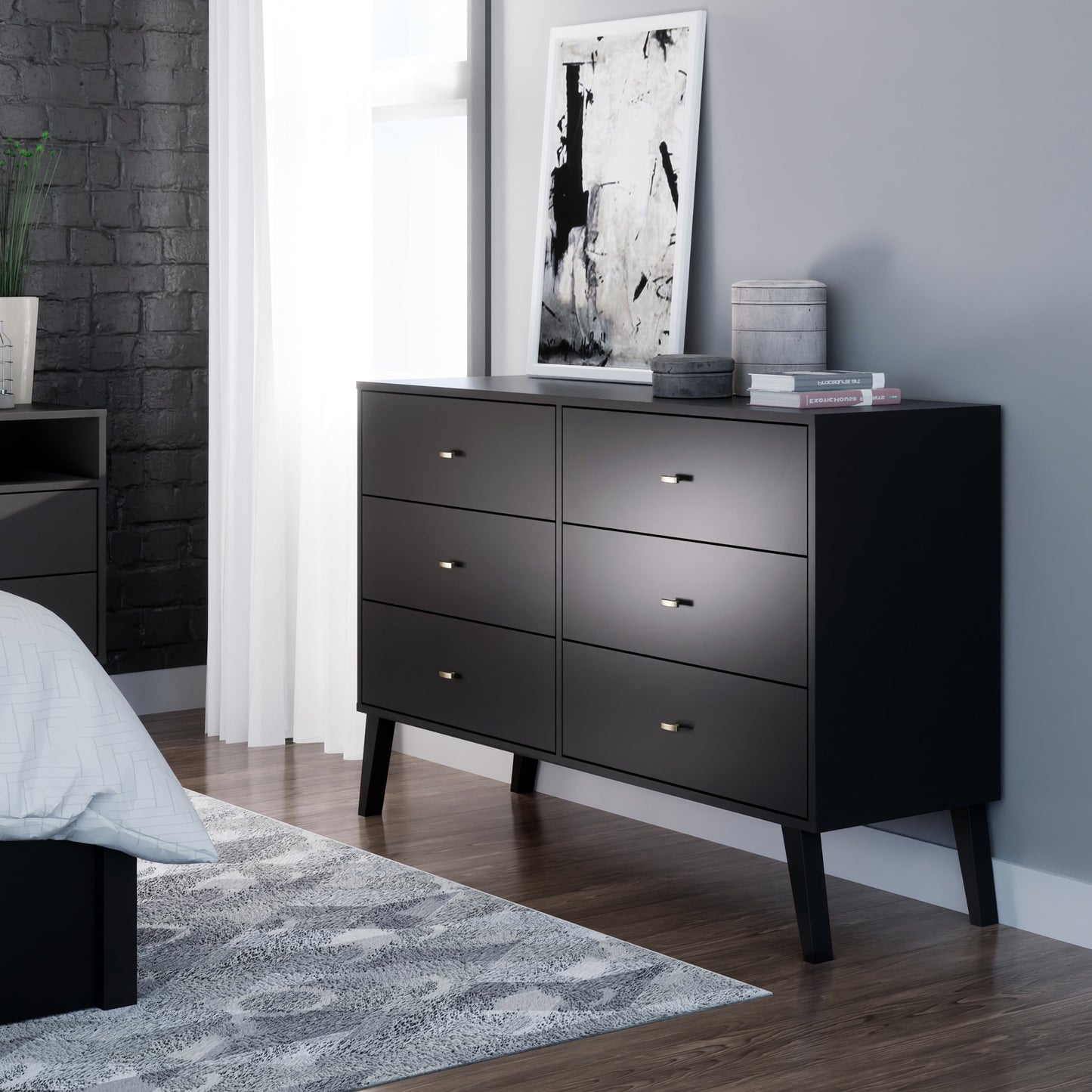 Milo Mid-Century 6 Drawer Wooden Dresser, 16.75" X 52.5" X 33", Black