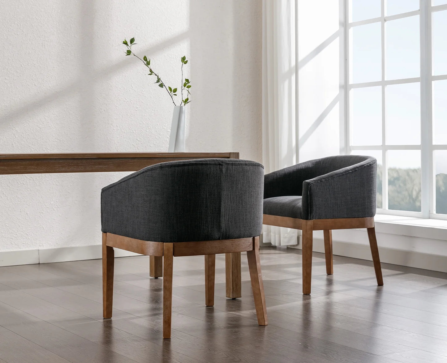 Modern Upholstered Dining Chairs Set of 6, Farmhouse Linen Kitchen & Dining Room Chairs with Armrests, 18" W Wooden Barrel Accent Chair Armchair for Dining Room Living Room Bedroom, Charcoal