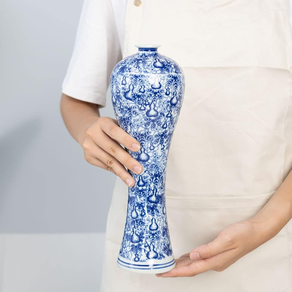 Chinese Blue and White Vase, Antique Handmade Ceramic Flower Vase, Decorative Glazed Vases for Home Decor, Table, Living Room, Fish Tail Vase (No.01)