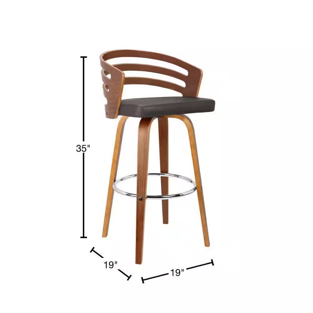 Jayden 26 In. Brown Faux Leather with Walnut Veneer Mid-Century Swivel Counter Height Bar Stool