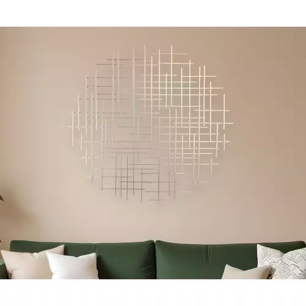 38 In. X 36.75 In. Silver Silver Metal Abstract Lines round Hanging Dimensional Wall Art 1-Piece
