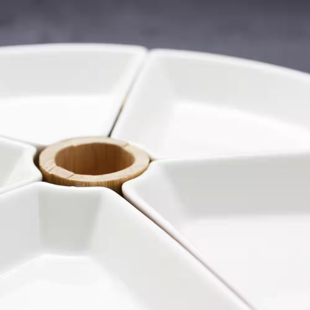 7-Piece White Appetizer Serving Set with Bamboo Tray