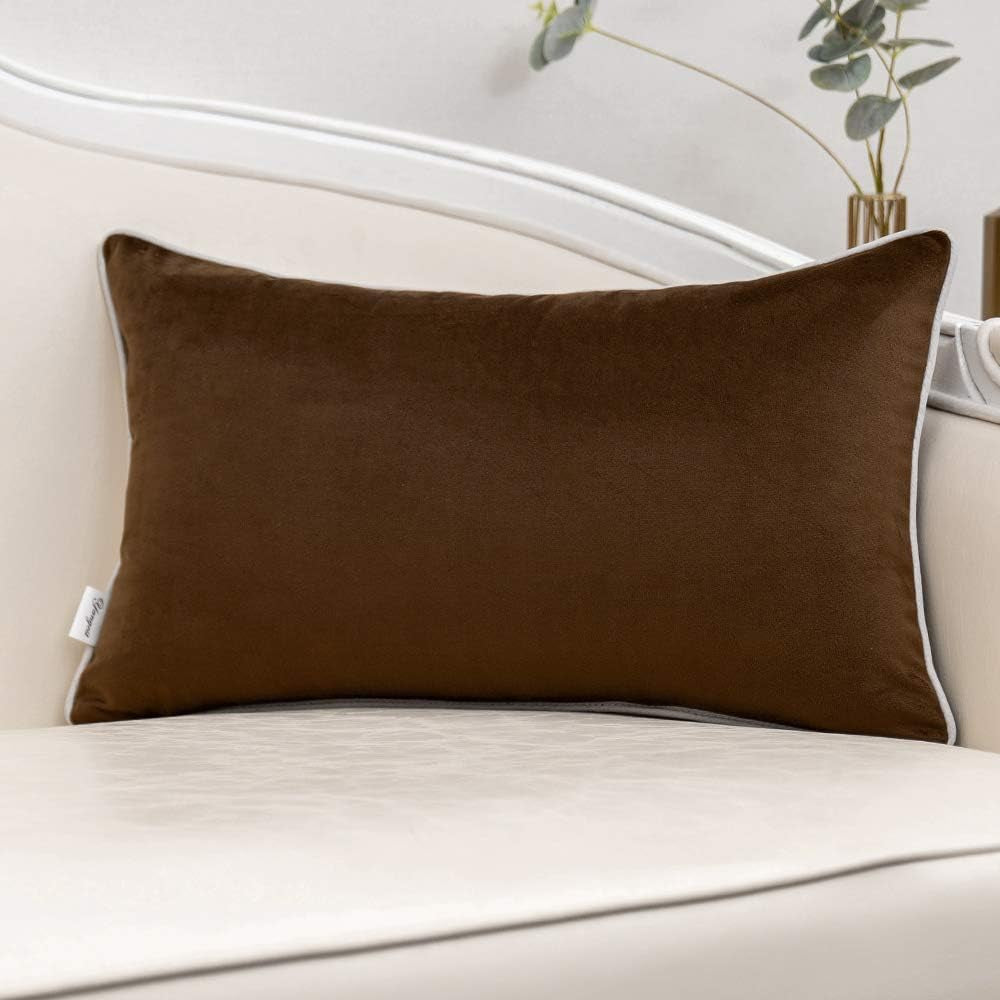 Coffee Brown Patchwork Velvet Lumbar Pillow Cover with Gold Striped Leather Cushion Case Modern Luxury Pillowcase for Sofa Couch Bedroom Living Room Home Decor,12"X20"