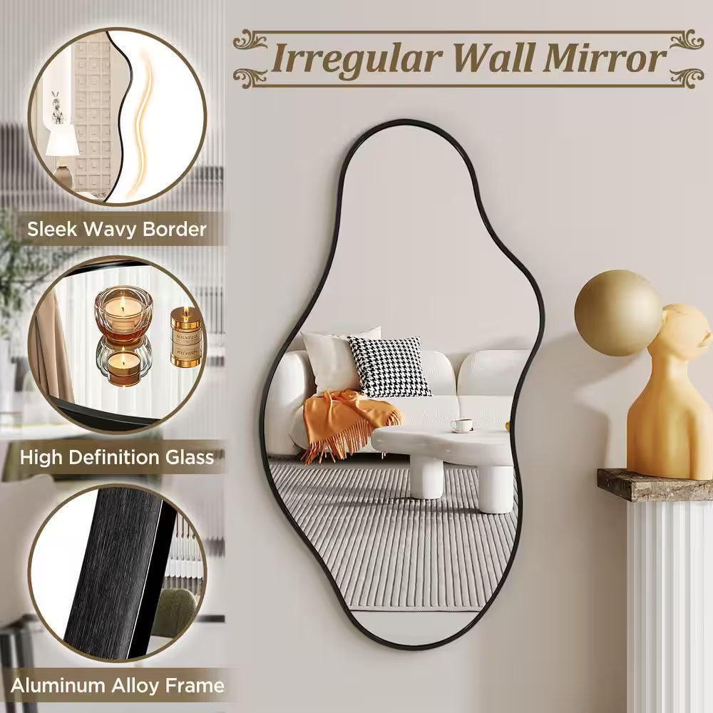 20 In. W X 36 In. H Irregular Black Aluminum Alloy Framed Asymmetrical Wall Mirror