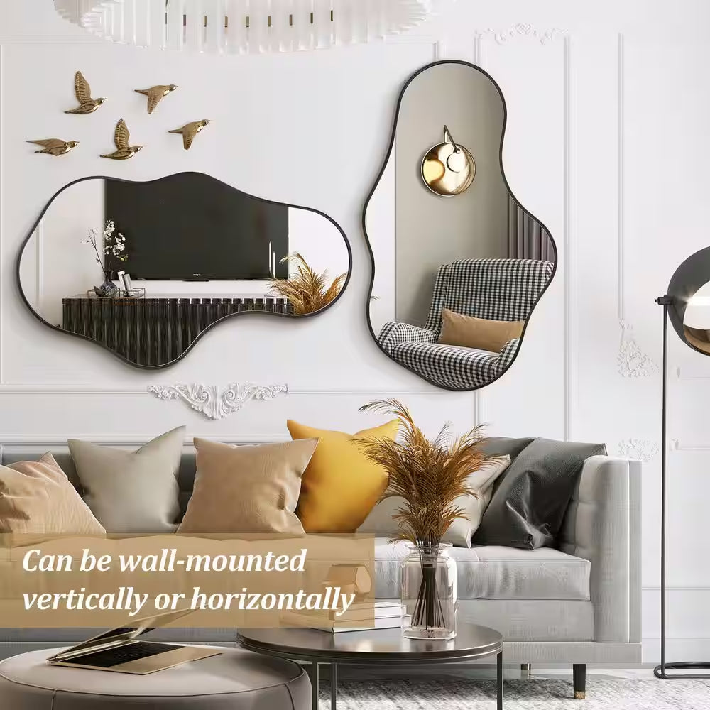 22 In. W X 36 In. H Irregular Black Aluminum Alloy Framed Asymmetrical Wall Mirror