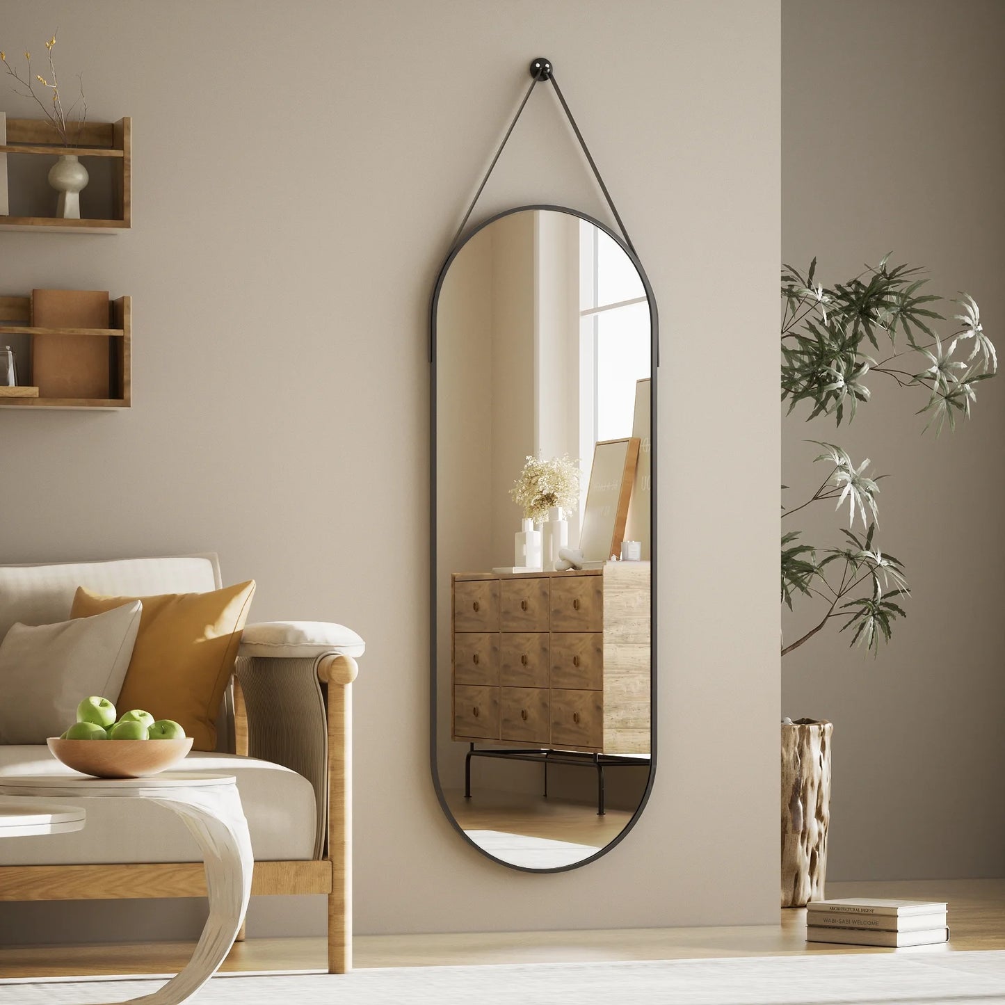 48" X 16" Full Length Mirror Oval Hanging Wall Mirror with Leather Strap,Black
