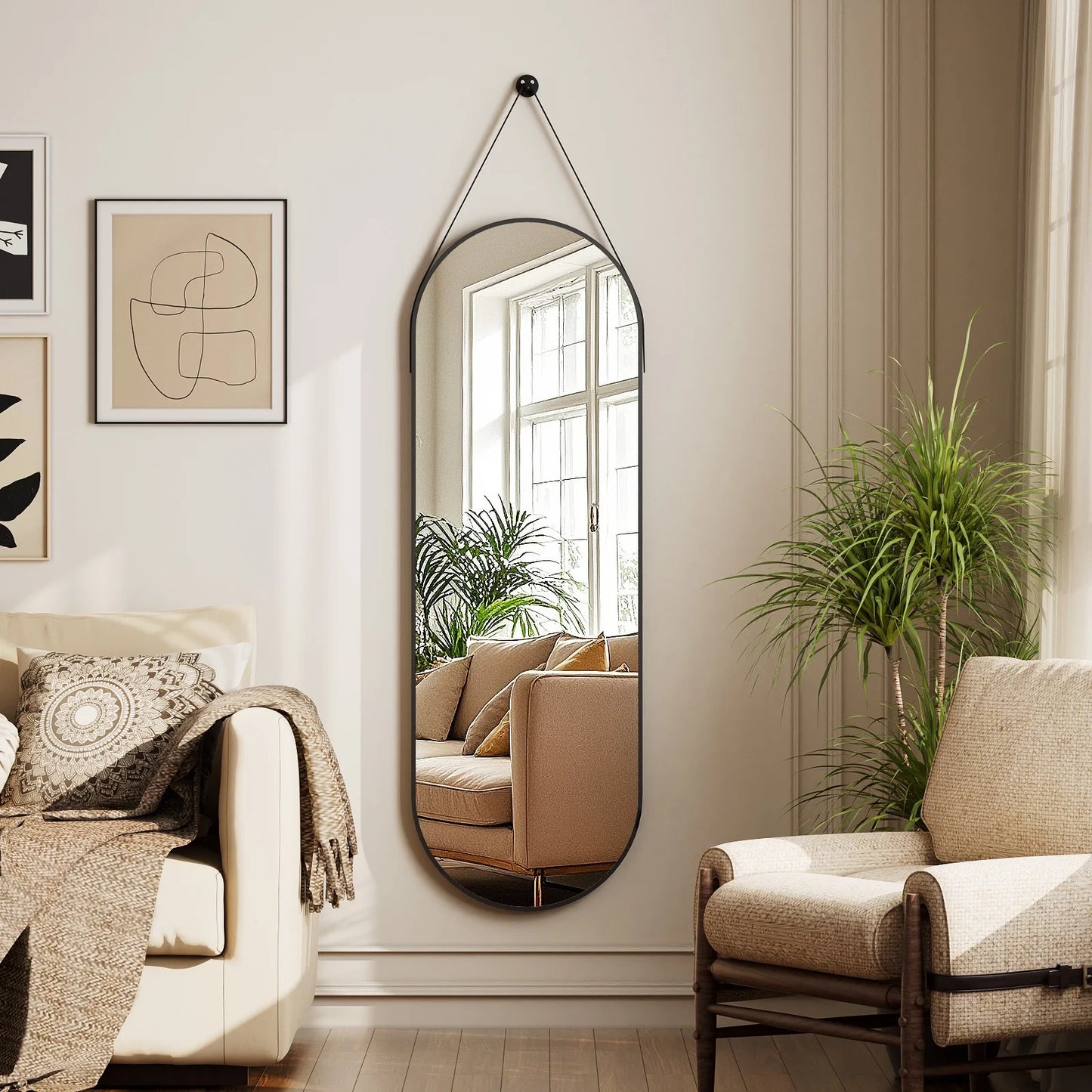 48" X 16" Full Length Mirror Oval Hanging Wall Mirror with Leather Strap,Black