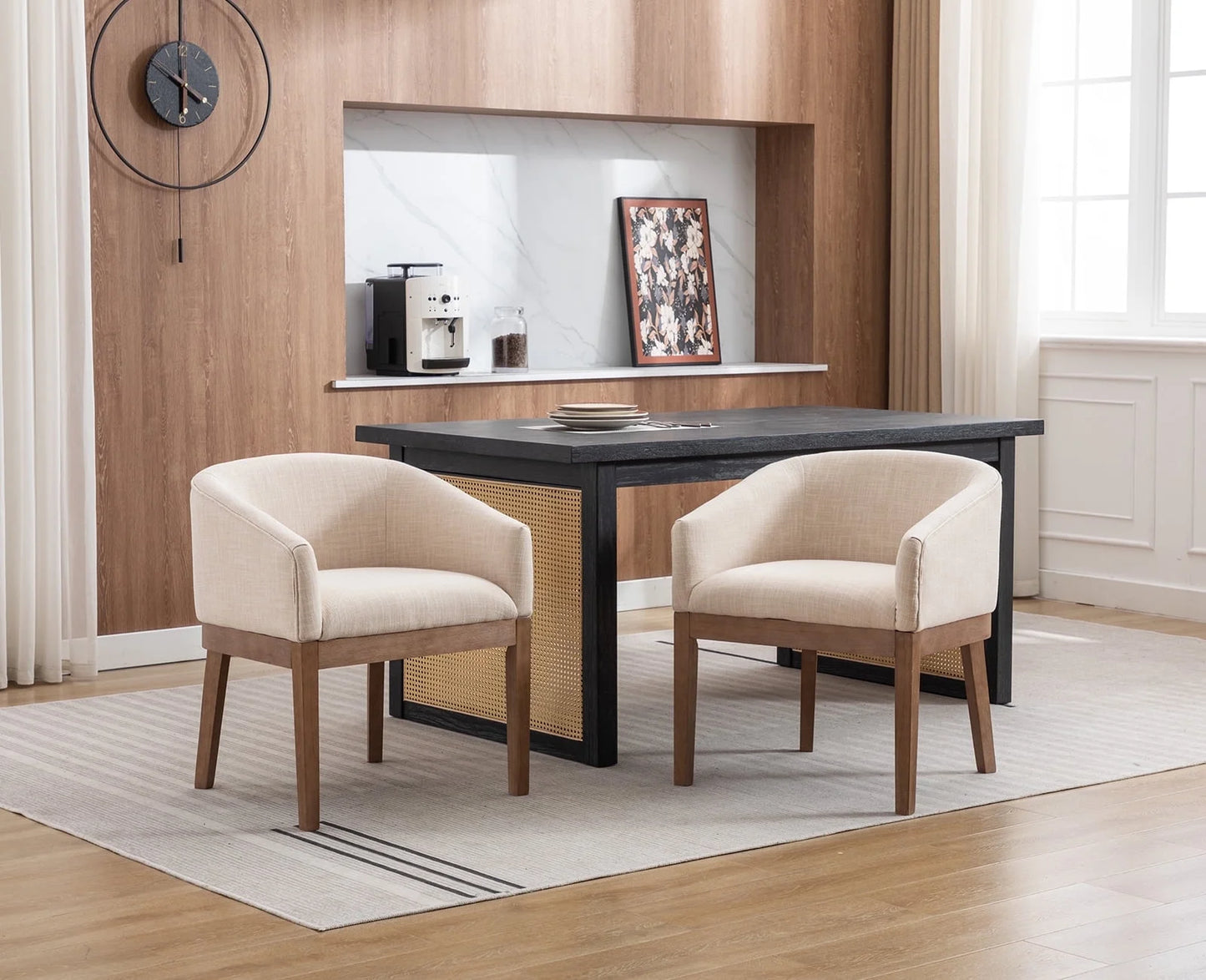 Modern Upholstered Dining Chairs Set of 2, Farmhouse Linen Kitchen & Dining Room Chairs with Armrests, 18" W Wooden Barrel Accent Chair Armchair for Dining Room Living Room Bedroom, Beige