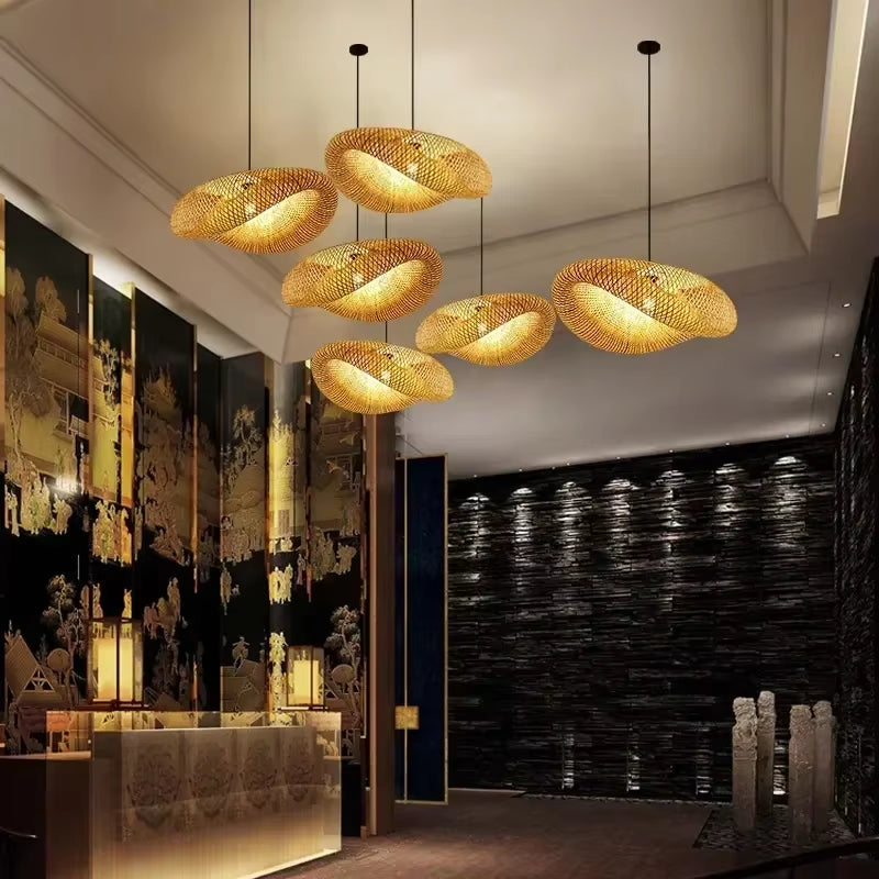 Bamboo Hand Weaving Pendant Lights 36Cm Hanging LED Ceiling Lamp Chandelier Fixture Rattan Hand Craft Woven Home Bedroom Decor