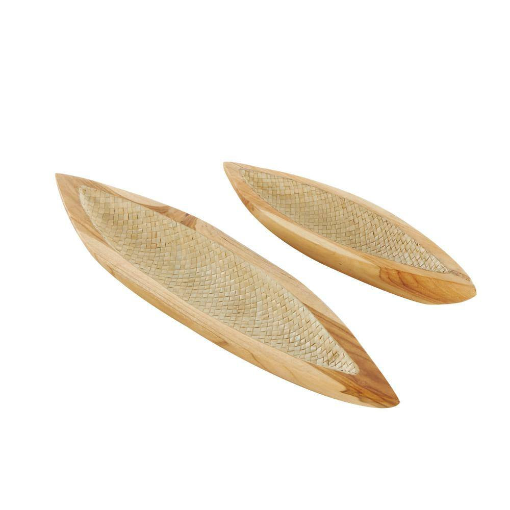 Brown Handmade Teak Wood Carved Boat Decorative Tray with Woven Palm Leaf Interior Set of 2