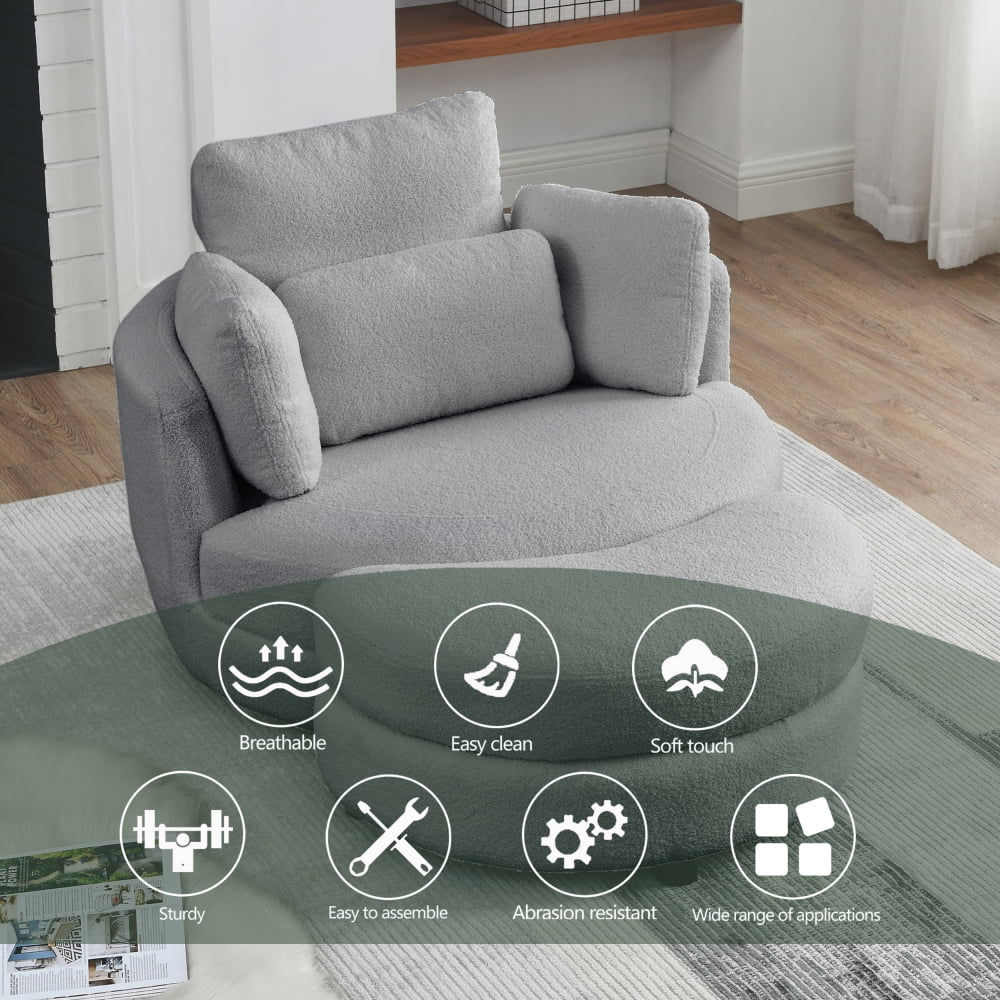 Modern Fabric Solid Print Swivel Accent Chair with 4 Pillows, Grey Teddy