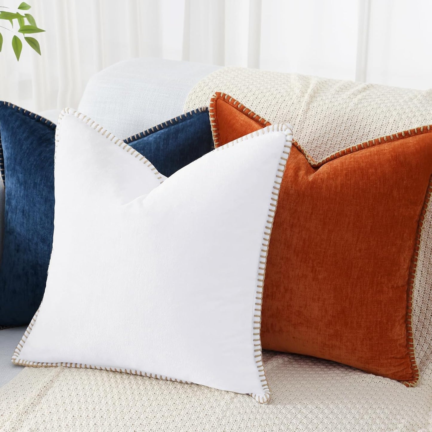 Chenille Soft Throw Pillow Covers 26X26 Set of 2, Farmhouse Velvet Neutral Decorative Euro Pillow Covers with Stitched Edge for Couch Sofa Bed Home Decor, White