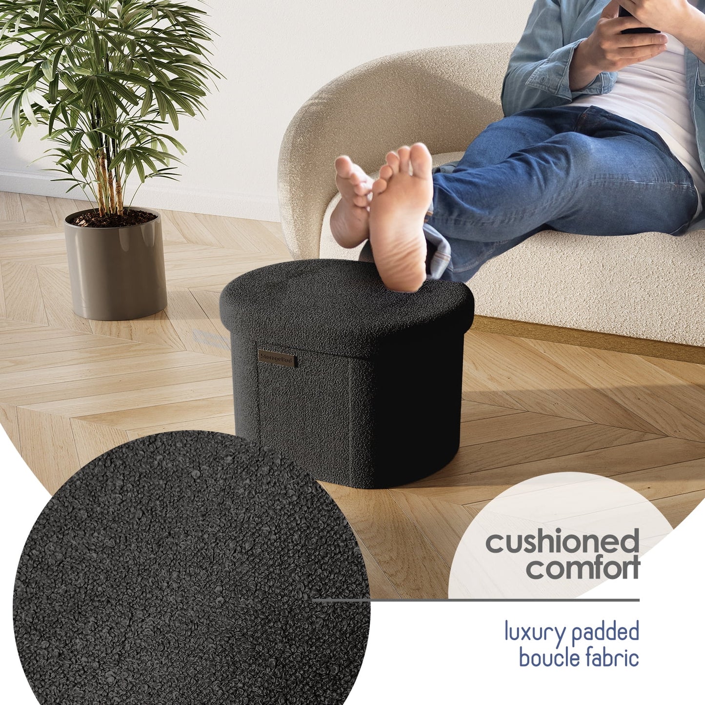 Oval Storage Ottoman Bench, Boucle 16" Ottoman with Storage , Black