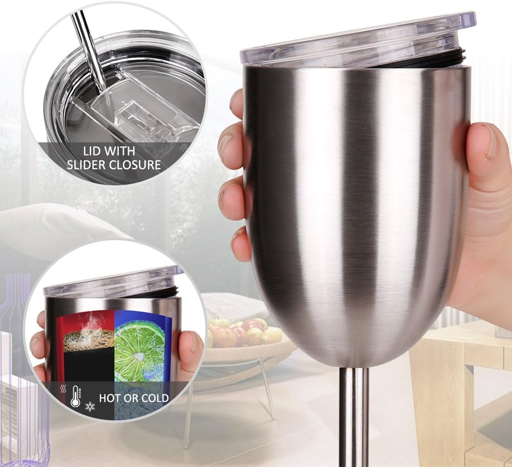 Stainless Steel Wine Glasses(2 Pack).Double Walled Vacuum Insulated Wine Tumbler Cups with Lid and Straw.Friendship,Christmas,Birthday Gifts for Women Men Friends Dad Mom(10Oz Stainless Steel)