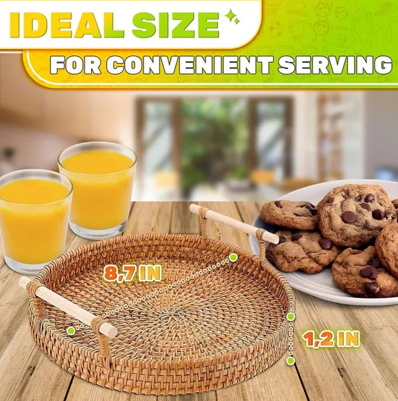 Rattan Tray 8.7 Inch round Woven Serving Basket with Handles Decorative Tray for Coffee Table Bread Fruit Vegetables Restaurant Home Use