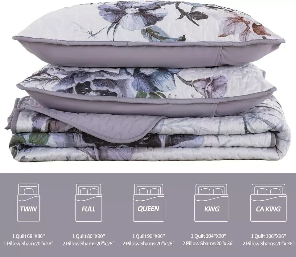 Floral Quilt Set Queen 3 Pieces Boho Purple Quilt Coverlet Set Soft Microfiber L