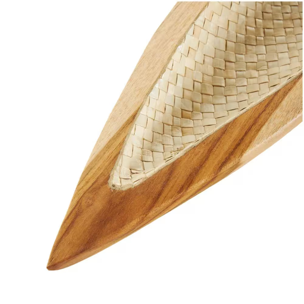 Brown Handmade Teak Wood Carved Boat Decorative Tray with Woven Palm Leaf Interior Set of 2