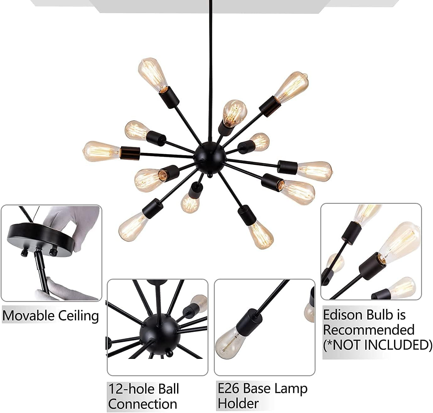 Sputnik Chandeliers Black, Modern 12-Light Farmhouse Pendant Light Mid Century Lighting Vintage Industrial Ceiling Hanging for Living Dining Room, Bedroom, Kitchen Island, Foyer