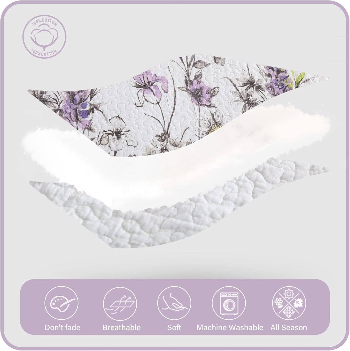 Queen Quilt Floral Bedspread, 100% Cotton Queen Size Quilt, White Purple Floral Quilt Sets Queen, Lightweight Soft Quilt Bedding Set for All Season, 3-Pieces