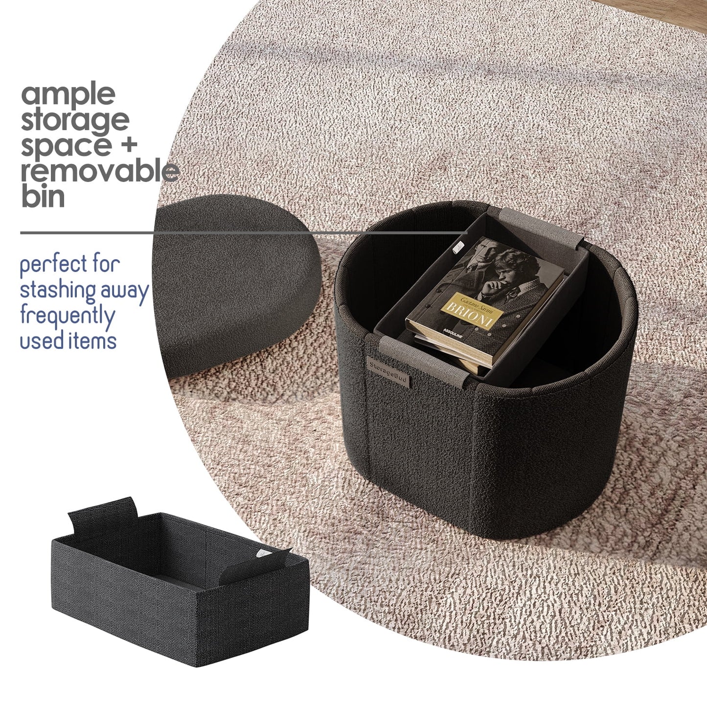Oval Storage Ottoman Bench, Boucle 16" Ottoman with Storage , Black