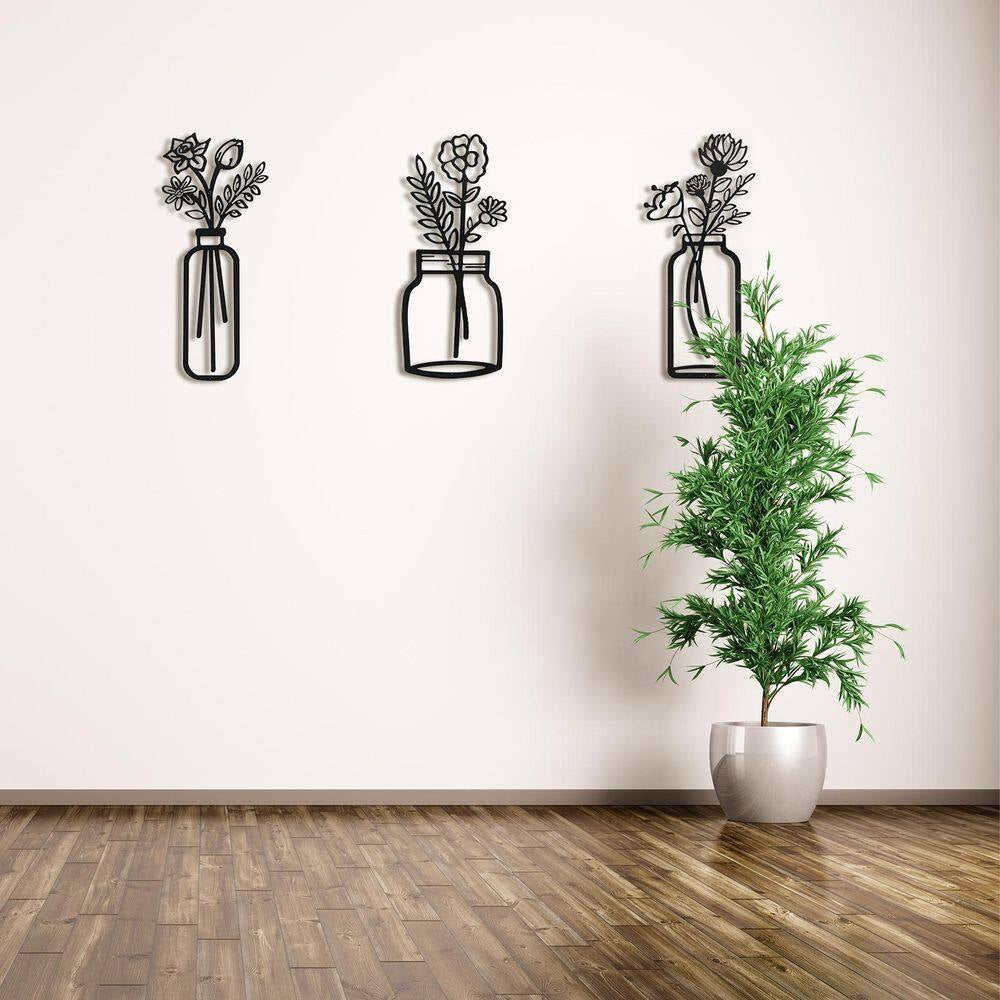 3 Pack 7.2 In. X17 In. Black Metal Work for Living Room Cafe Bookstore, Line Wall Art Decor, Wire Vase Wall Sculptures