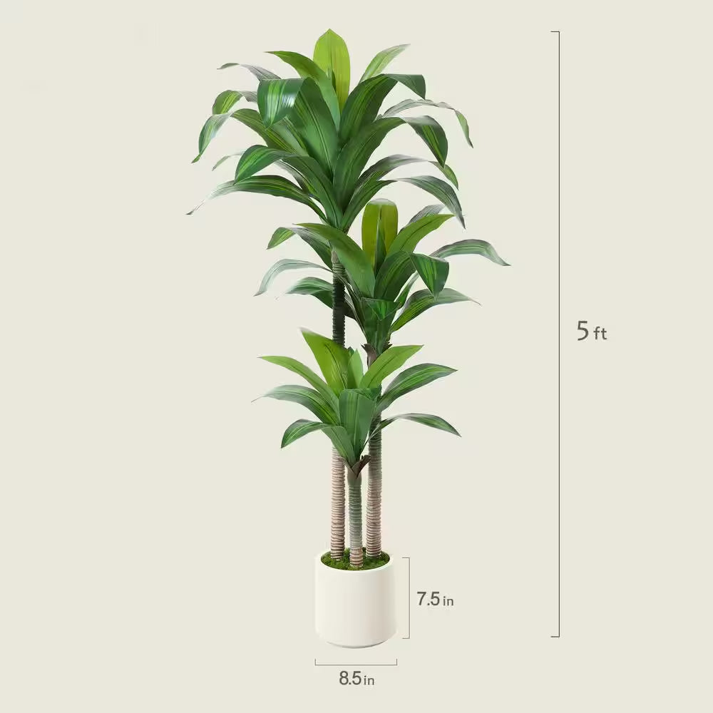 5 Ft. Artificial Dracaena Tree with Large White Planter, Faux Tropical Potted Silk Plant
