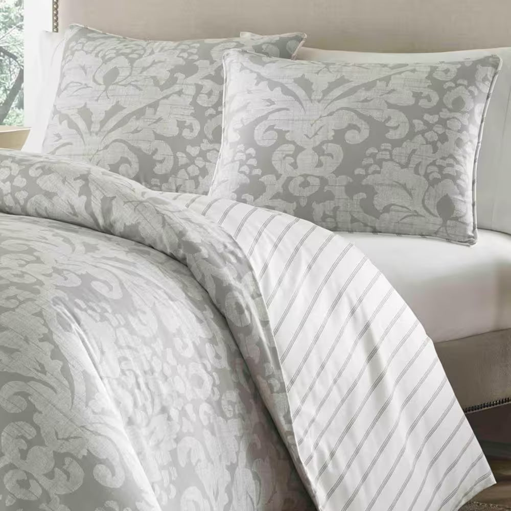 Camden 3-Piece Gray Floral Cotton Full/Queen Duvet Cover Set