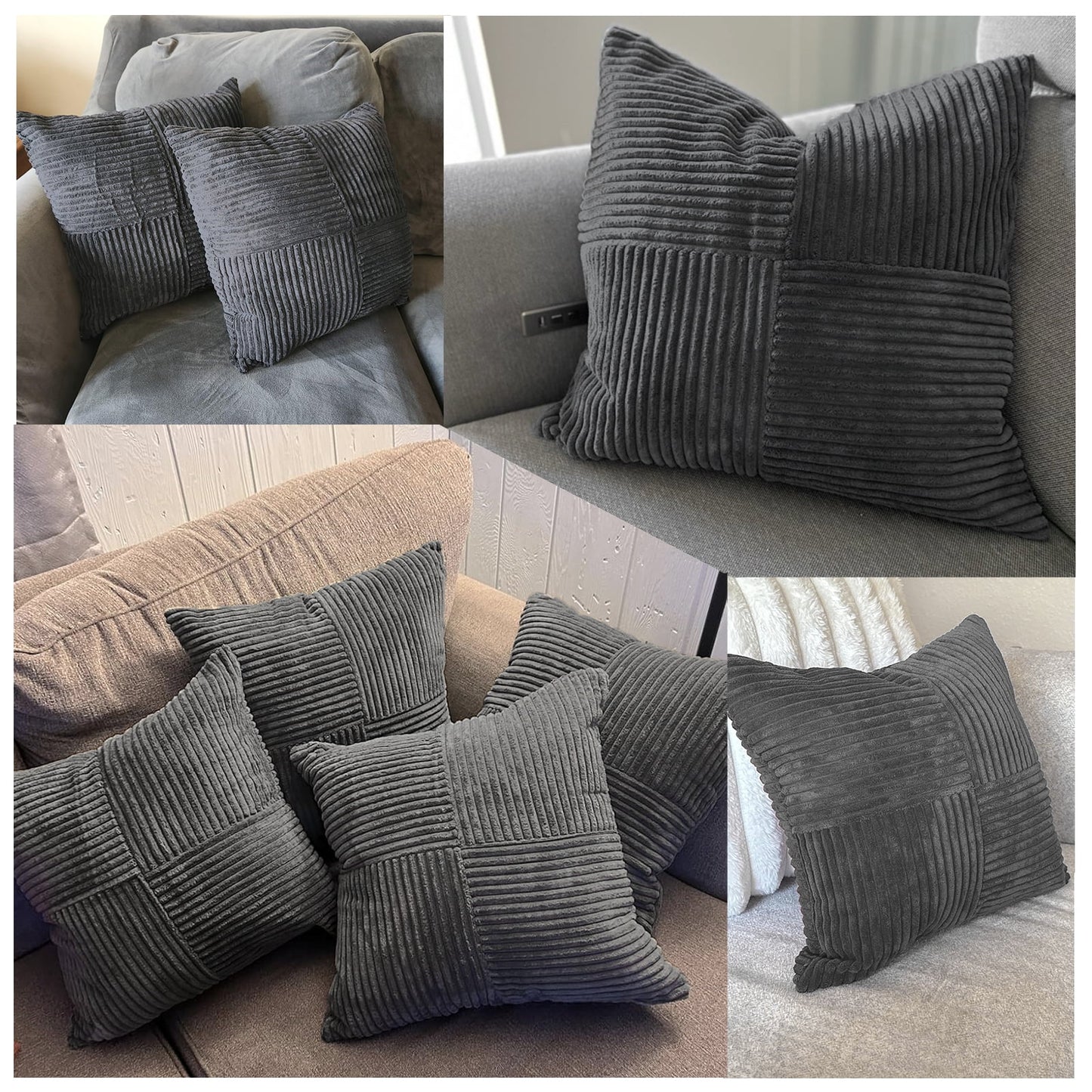 2 Packs Dark Gray Decorative Throw Pillow Covers 18X18 Inch for Living Room Couch Sofa, Rustic Farmhouse Boho Home Decor, Soft Corduroy Patchwork Textured Square Cushion Case 45X45 Cm