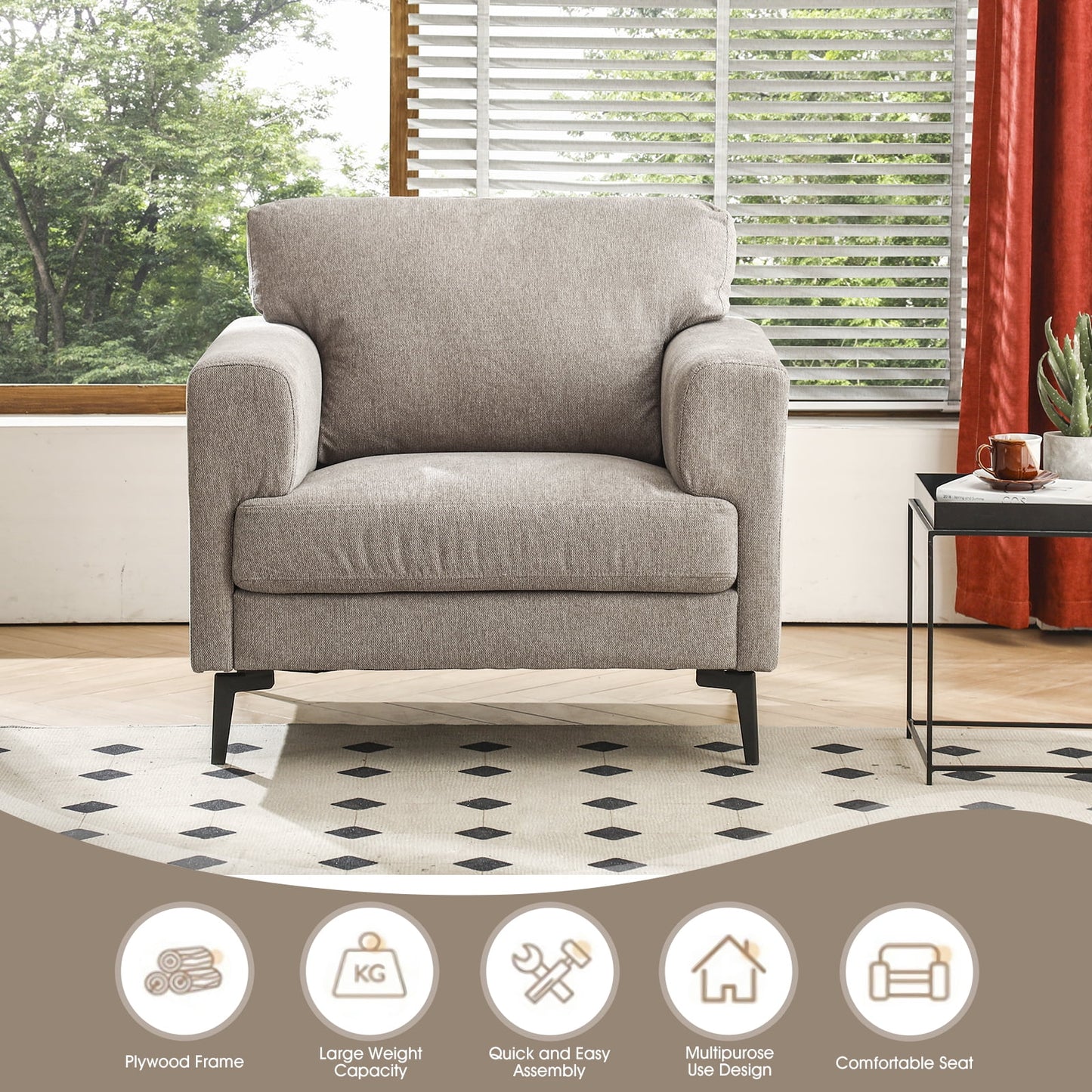 Accent Chair Set of 2, 37.8" Wide Linen Upholstered Living Room Armchairs, Modern Comfy Fabric Lounge Arm Chairs for Bedroom, Light Brown