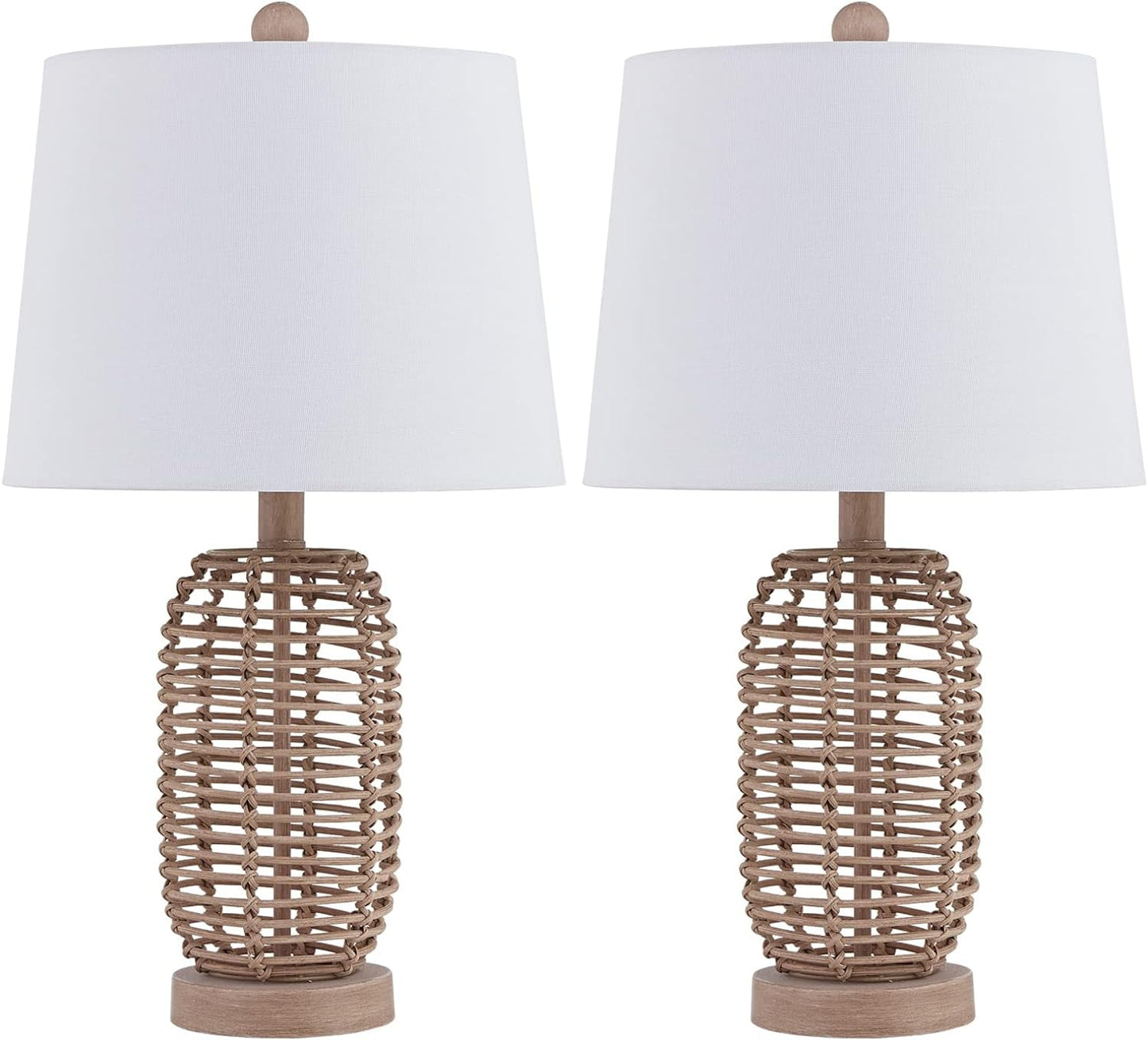 Natural Rattan Table Lamps Set of 2, Coastal Bedside Lamps 21'' Tall Brown Nightstand Lamps with White Fabric Shade for Bedroom, Living Room