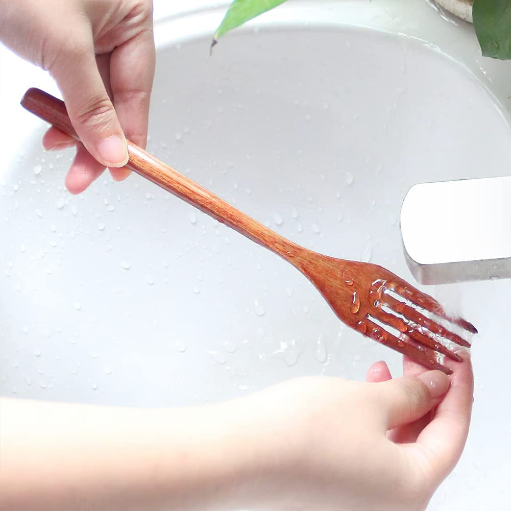 Forks,Wooden Forks, 6 Pieces Eco-Friendly Japanese Wood Salad Dinner Forks Wooden Forks Set Reusable Handmade Natural Wood Flatware Set for Cooking Stirring Eating