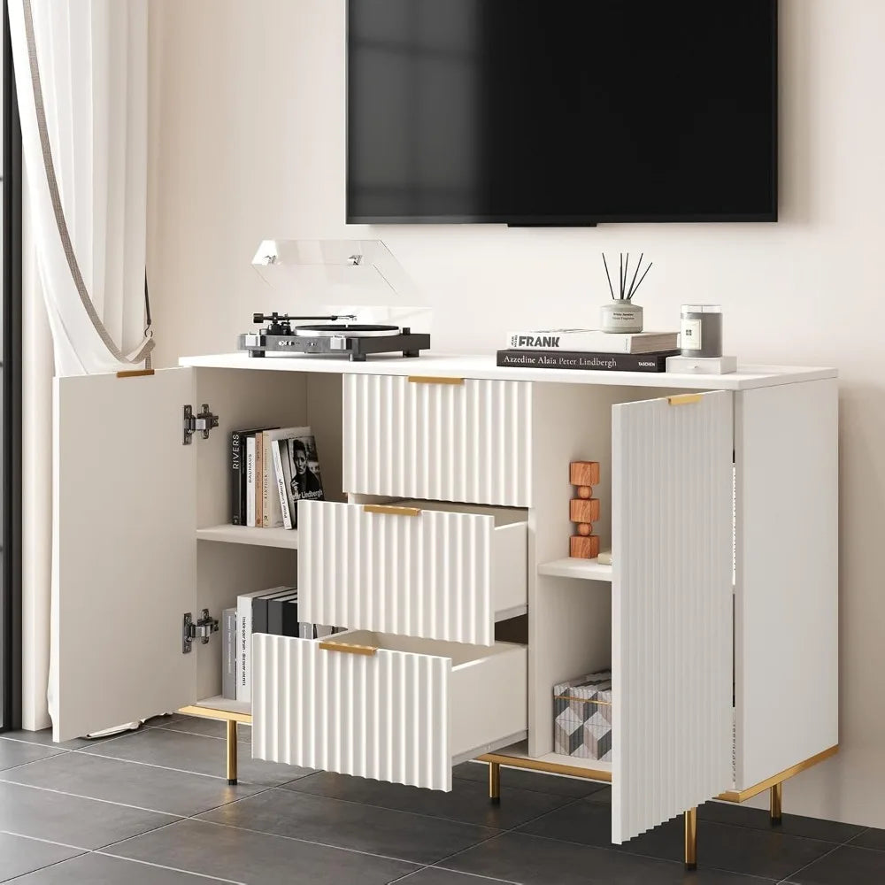 Modern Sideboard Cabinet with Fluted Doors, Gold Legs and Handle - Buffets & Sideboards for Elegant Living Spaces - 2-Door 3 Dra