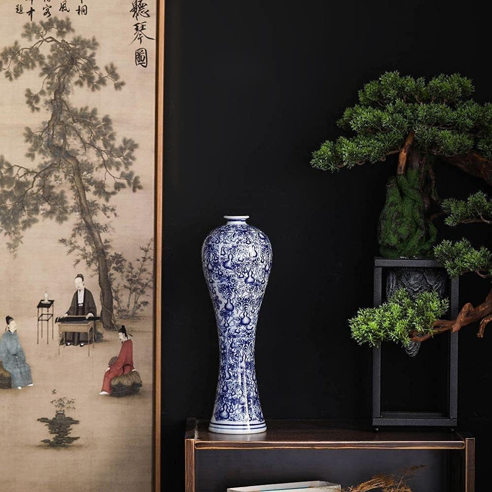 Chinese Blue and White Vase, Antique Handmade Ceramic Flower Vase, Decorative Glazed Vases for Home Decor, Table, Living Room, Fish Tail Vase (No.01)