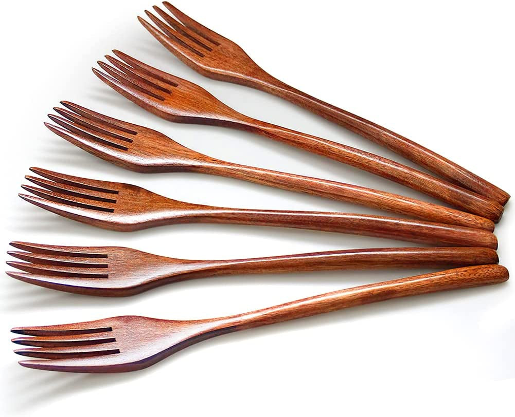 Forks,Wooden Forks, 6 Pieces Eco-Friendly Japanese Wood Salad Dinner Forks Wooden Forks Set Reusable Handmade Natural Wood Flatware Set for Cooking Stirring Eating