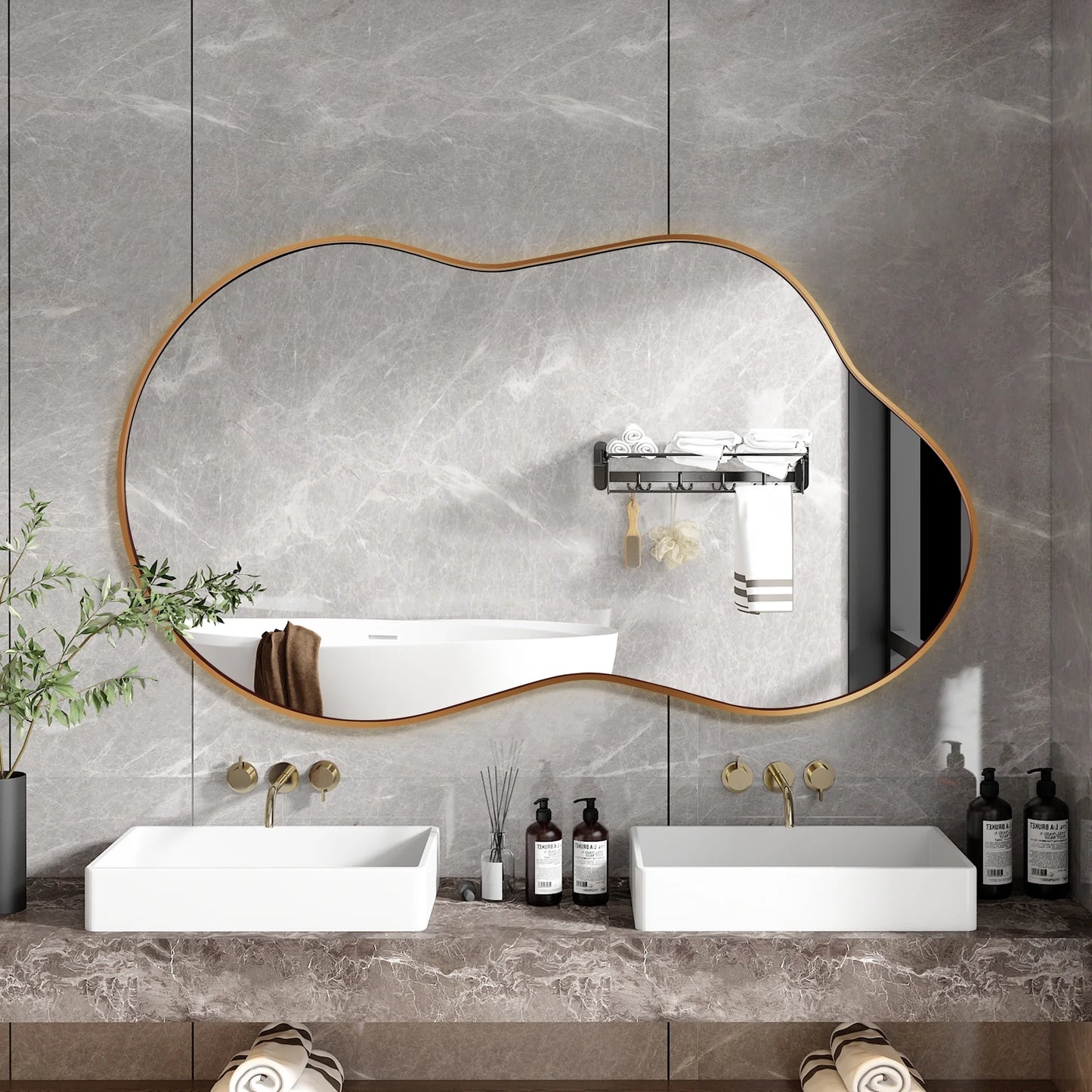 Irregular Wall Mirror 46"X26" Cloud Shaped Mirrors for Bathroom, Gold Aluminum Alloy Frame