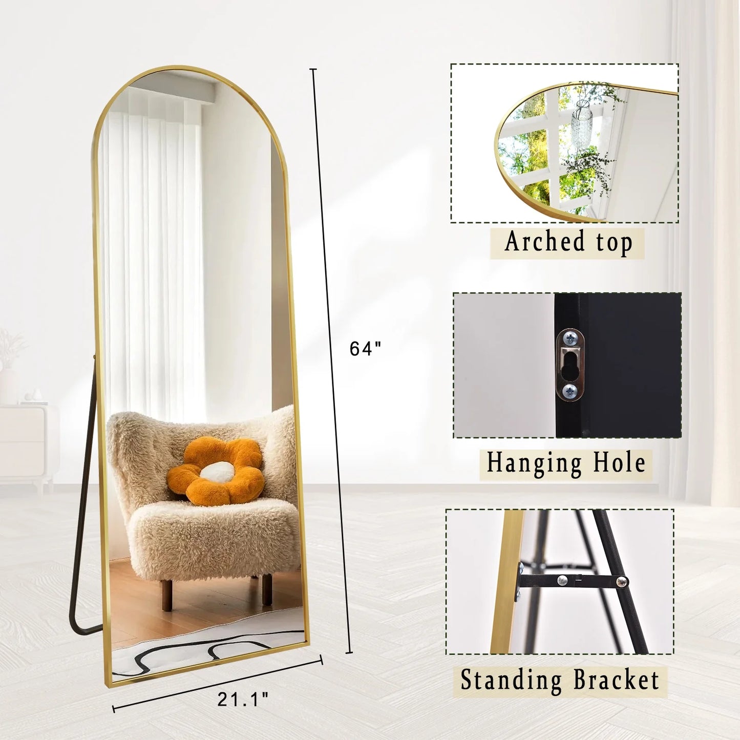 Arched Full Length Floor Mirror 64"X21.1" Full Body Standing Mirror,Gold