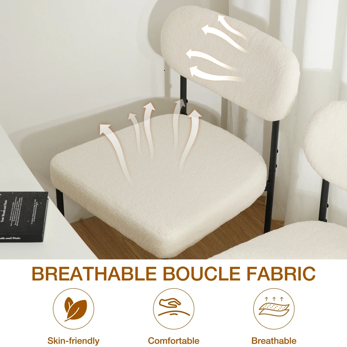 Boucle Dining Chairs Set of 4 Modern Upholstered Kitchen Dining Room Chairs with Backrest & Metal Legs Accent Side Chairs White for Dining Kitchen Living Room Bedroom