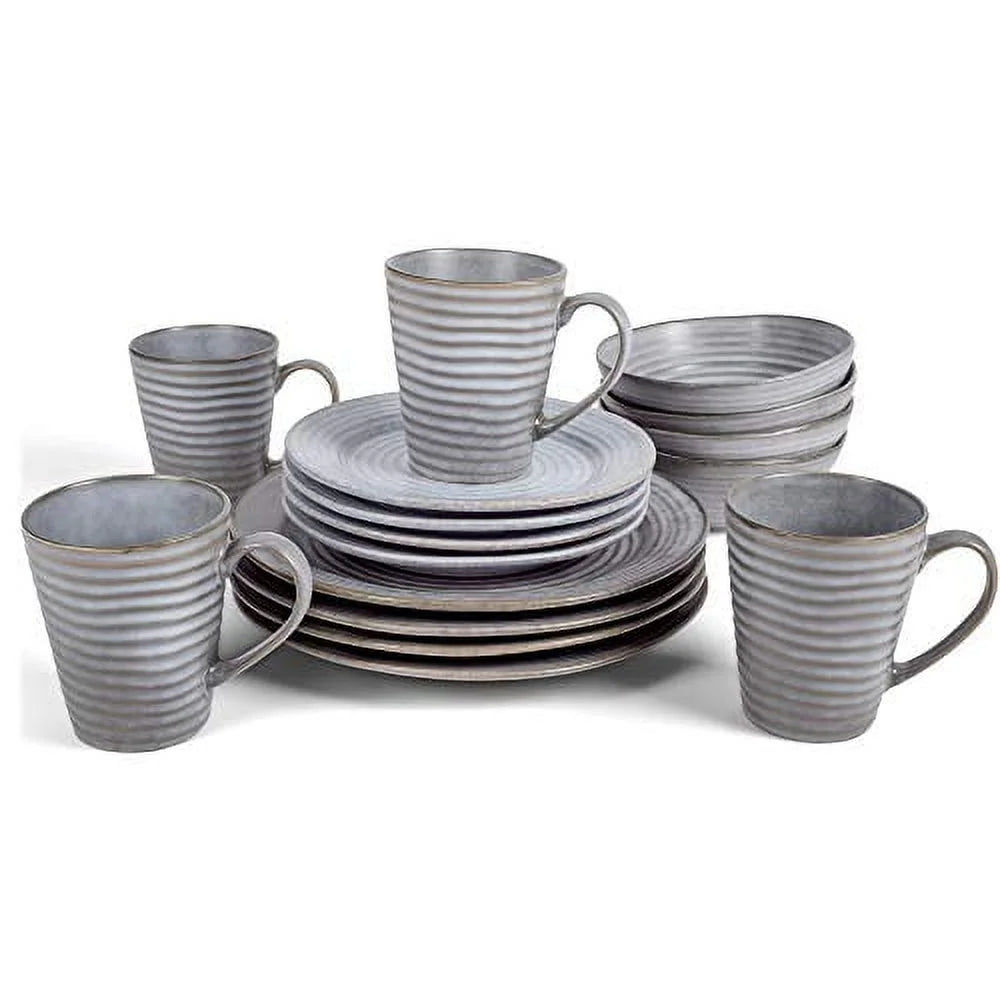 Modern Chic Ribbed Ceramic Stoneware Dinnerware 16 Piece Set - Service for 4, Slate Grey
