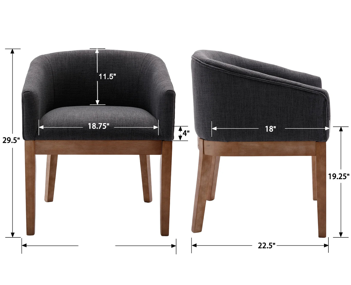 Modern Upholstered Dining Chairs Set of 6, Farmhouse Linen Kitchen & Dining Room Chairs with Armrests, 18" W Wooden Barrel Accent Chair Armchair for Dining Room Living Room Bedroom, Charcoal
