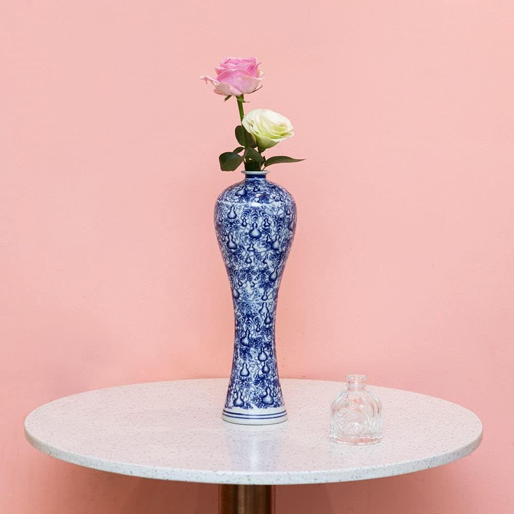 Chinese Blue and White Vase, Antique Handmade Ceramic Flower Vase, Decorative Glazed Vases for Home Decor, Table, Living Room, Fish Tail Vase (No.01)