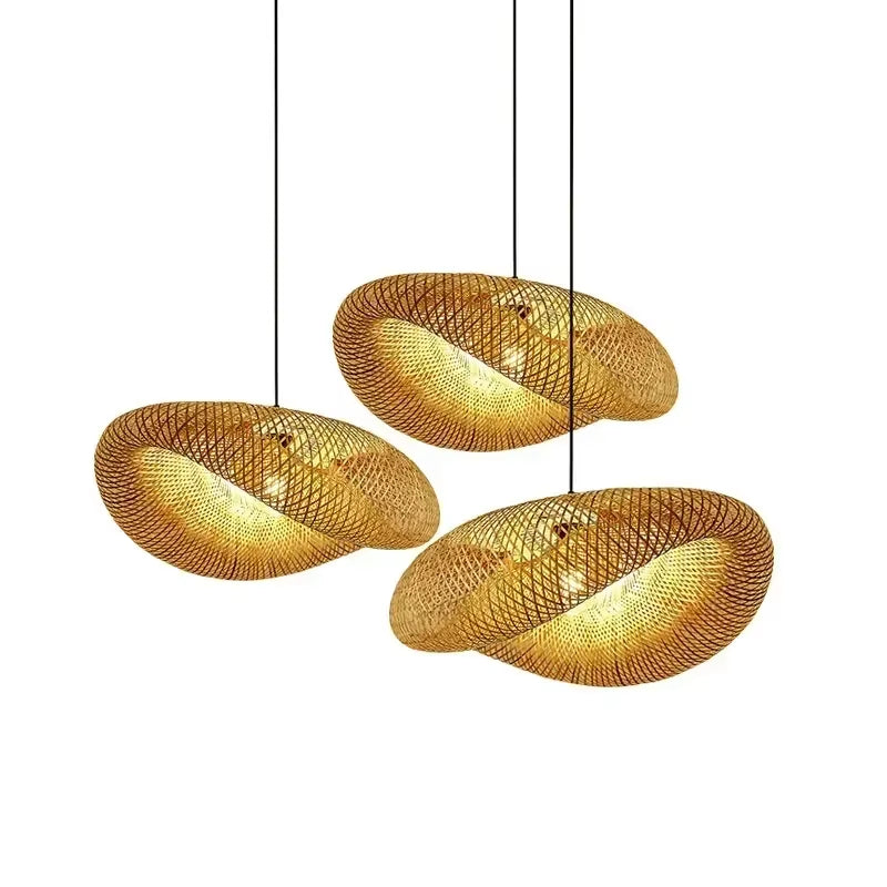 Bamboo Hand Weaving Pendant Lights 36Cm Hanging LED Ceiling Lamp Chandelier Fixture Rattan Hand Craft Woven Home Bedroom Decor