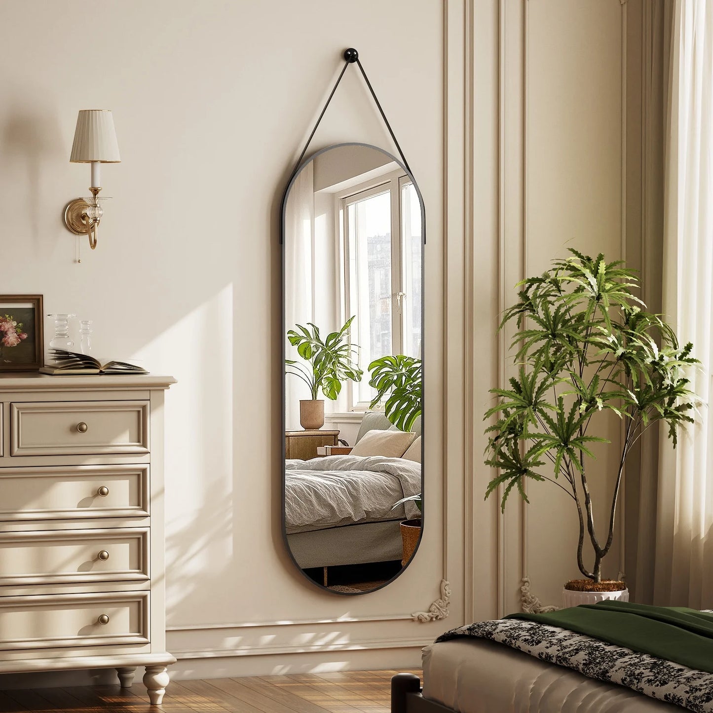 48" X 16" Full Length Mirror Oval Hanging Wall Mirror with Leather Strap,Black