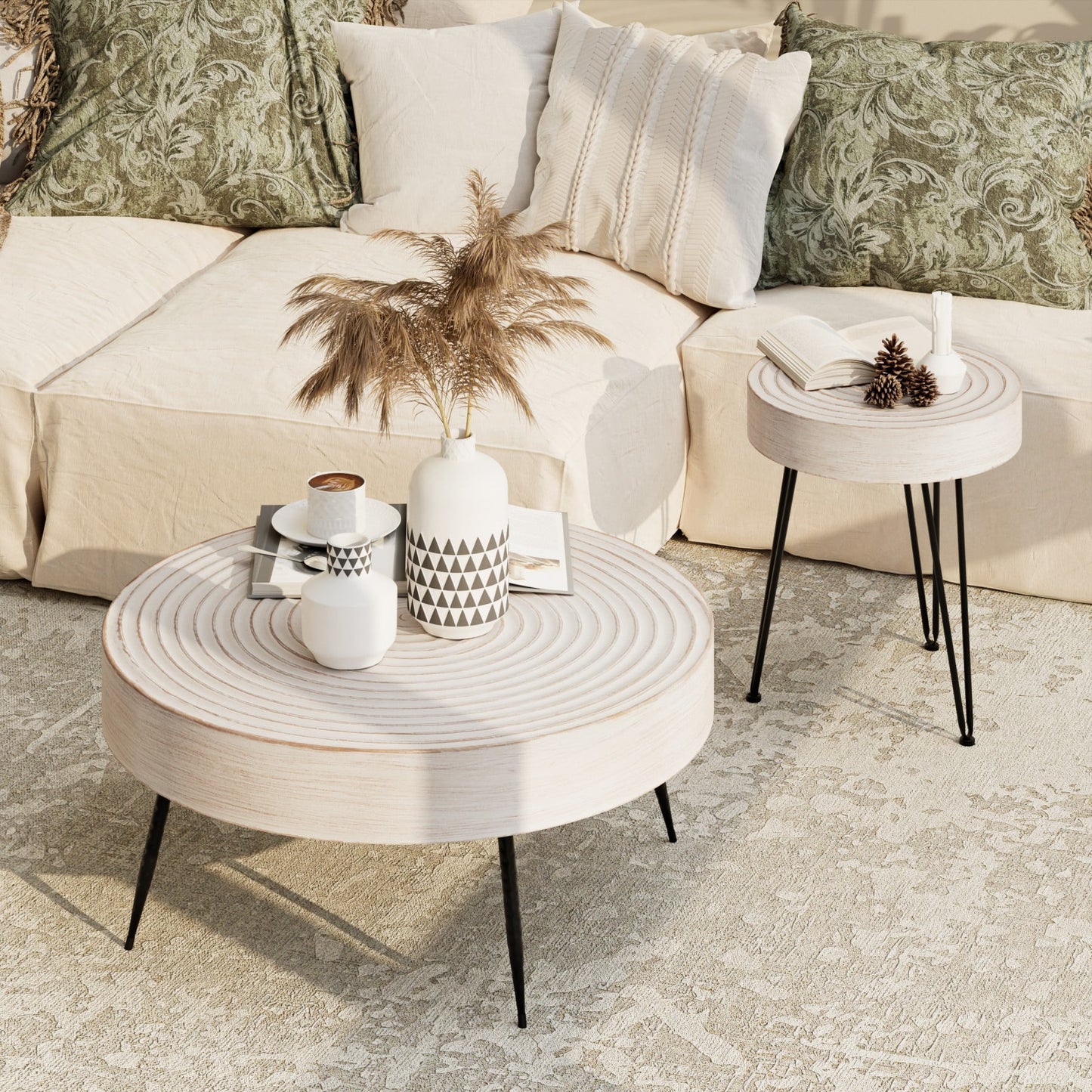 Rustic Handmade Ring Pattern MDF and Metal Coffee Table, White