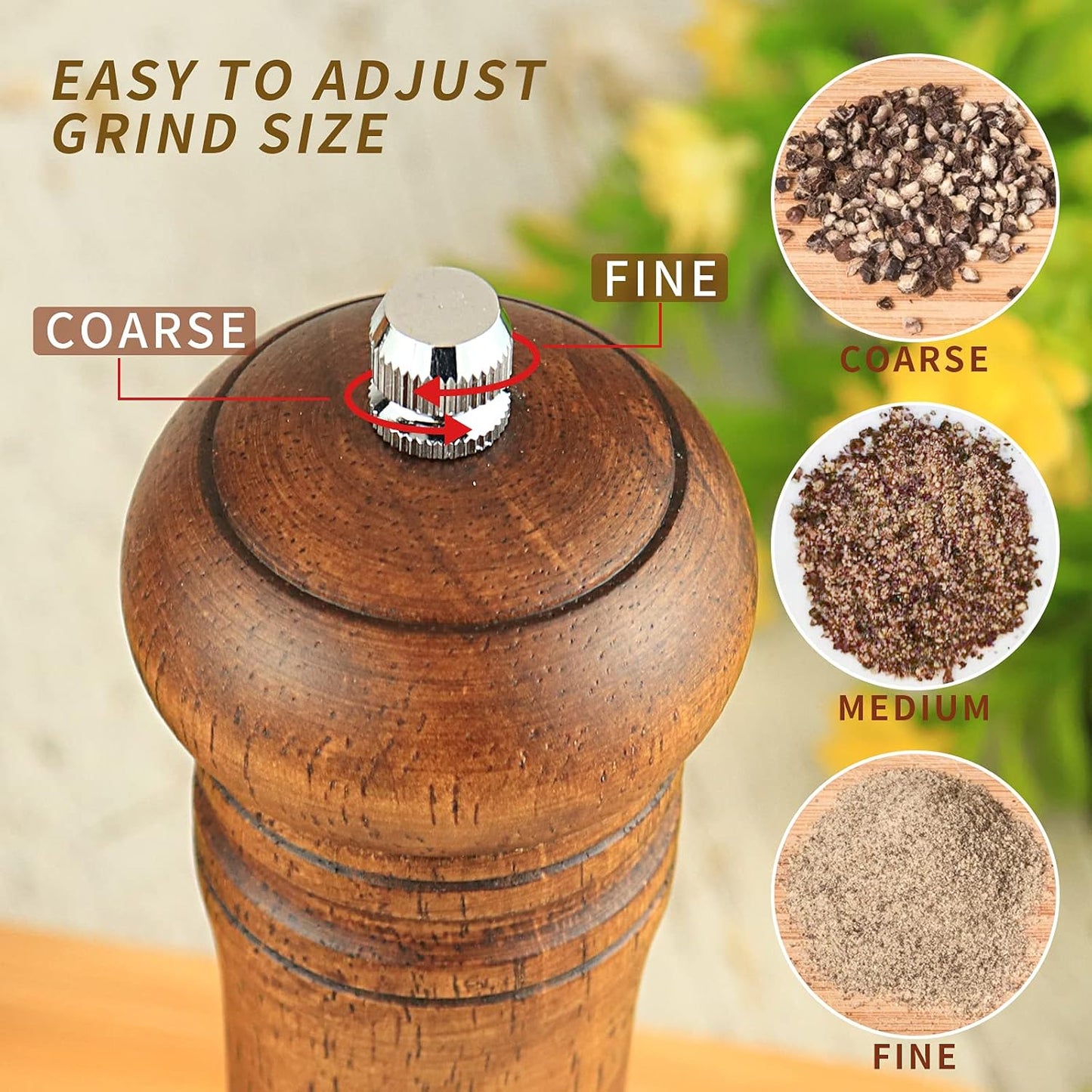Pepper Grinder, Wood Salt and Pepper Mills Set, Classic Manual Spice Grinder Refillable Salt Mill Sets with Acrylic Visible Window Adjustable Ceramic Grinding Rotor 8 Inch 2 Pack